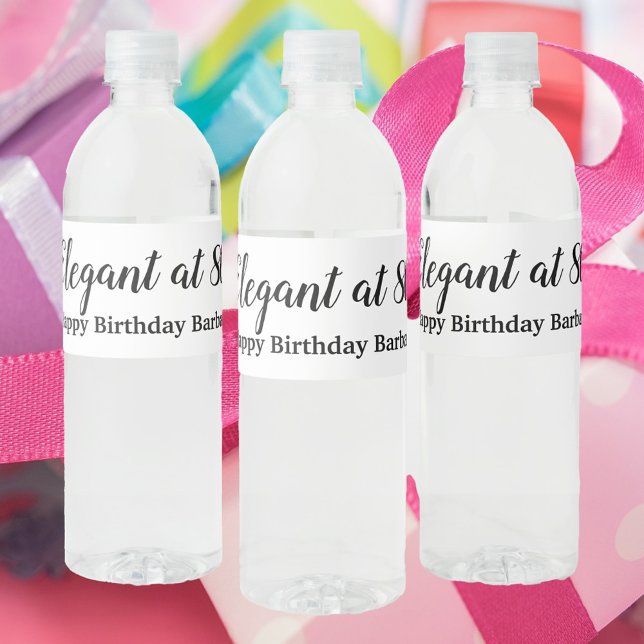 80th birthday Elegant at 80 Personalise Water Bottle Label (A birthday label that says Elegant at 80.  The name can be changed and personalized to fit your need)