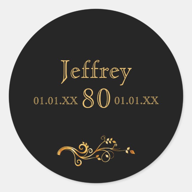 80th birthday elegant black and gold classic round sticker (Front)