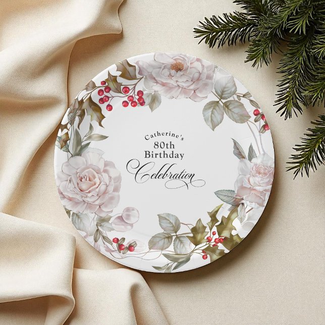 80th Birthday Elegant December Floral Paper Plate (Creator Uploaded)