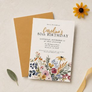 80th Birthday Elegant Fall Watercolor Floral Invitation