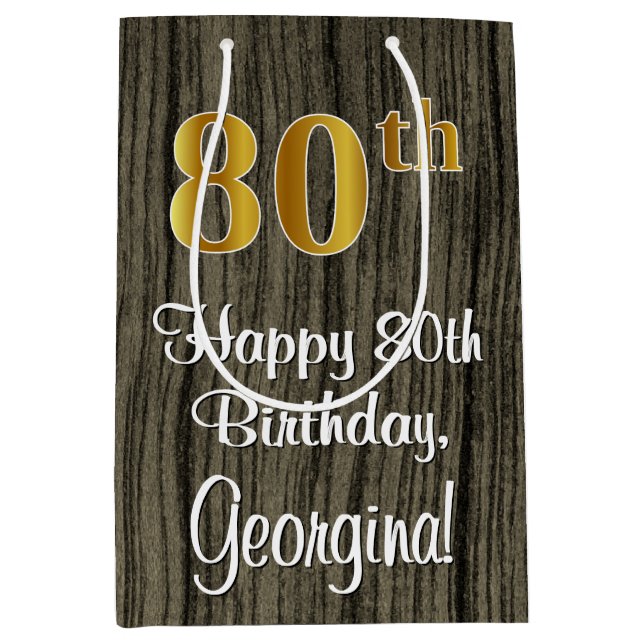 80th Birthday: Elegant Faux Gold Look #, Faux Wood Medium Gift Bag (Front)
