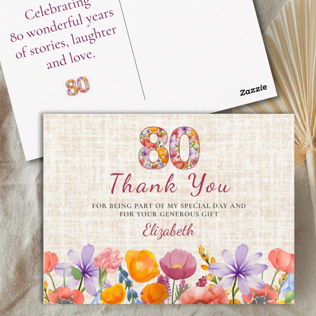 80th Birthday - Elegant Floral Number 80 Thank You Postcard (Creator Uploaded)
