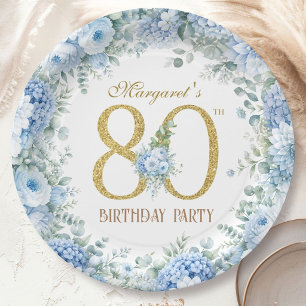 80th Birthday Elegant Gold Dusty Blue Floral Paper Plate