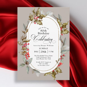 80th Birthday Elegant Holly and Berry Botanical Invitation