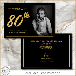 80th Birthday Elegant Photo Black Gold Invitation