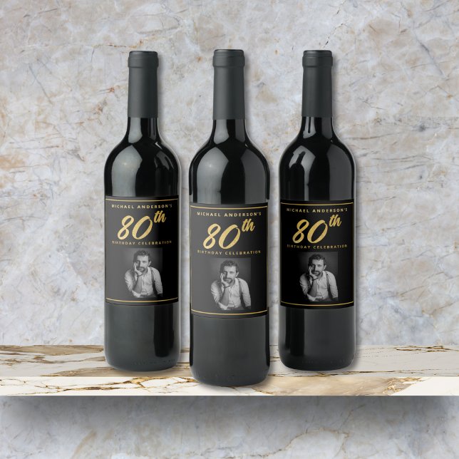80th Birthday Elegant Photo Black Gold Wine Label (80th Birthday Elegant Photo Black and Gold Wine Label with Faux Gold Leaf, Name, Photo.)