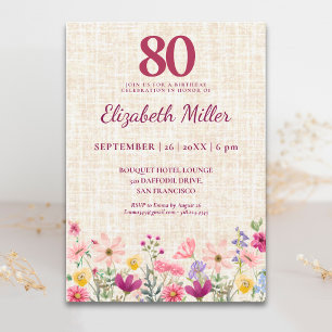 80th Birthday Elegant Pink Wildflower Linen Party Invitation