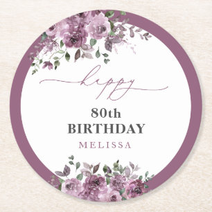 80th Birthday Elegant Purple Roses Round Paper Coaster