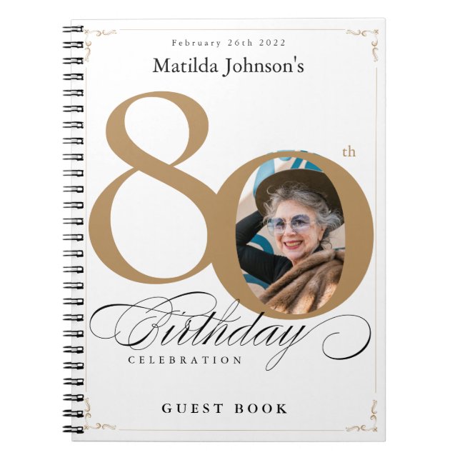80th Birthday Elegant Script White Gold Guestbook Notebook (Front)