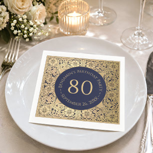 80th Birthday Elegant Vintage Gold Roses Navy Blue Napkin