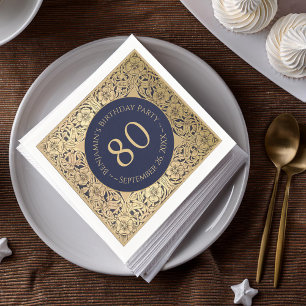 80th Birthday Elegant Vintage Gold Roses Navy Blue Napkin
