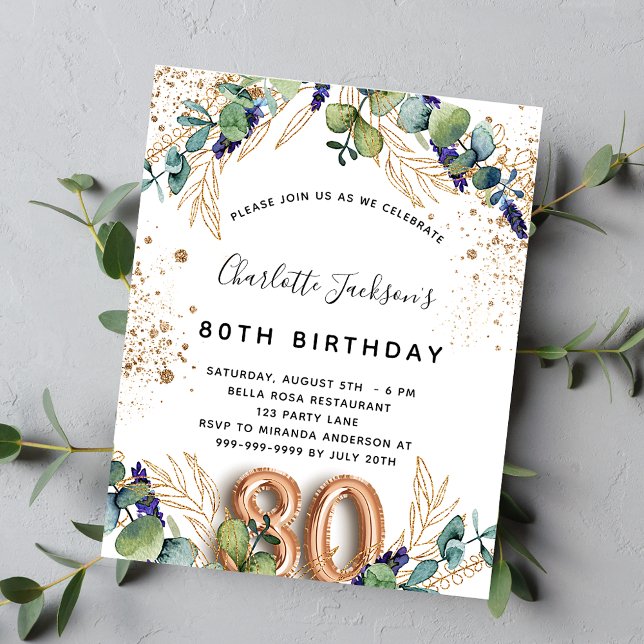 80th birthday eucalyptus greenery glitter elegant invitation postcard (Creator Uploaded)