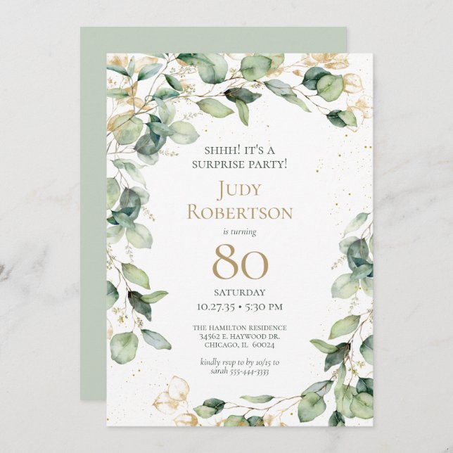 80th Birthday Eucalyptus Surprise Birthday Party Invitation (Front/Back)