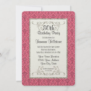 80th Birthday Faux Gold Glitter Damask Pattern Invitation