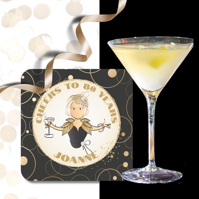  80th Birthday Female Cartoon Gold Black Cheers  Square Paper Coaster (Creator Uploaded)