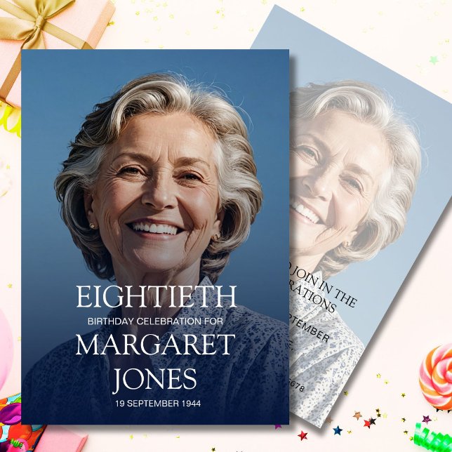 80th Birthday Female Photo Simple Elegant  Invitation (Creator Uploaded)