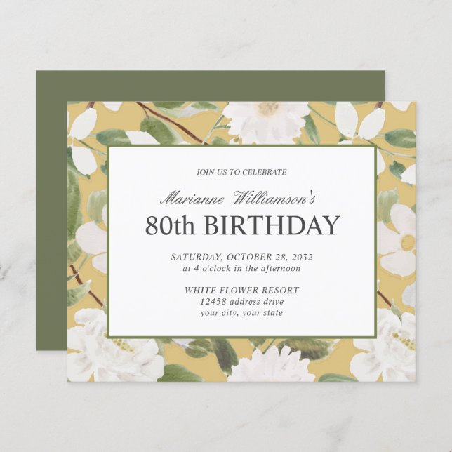 80th Birthday Feminine White Flowers Yellow (Front/Back)