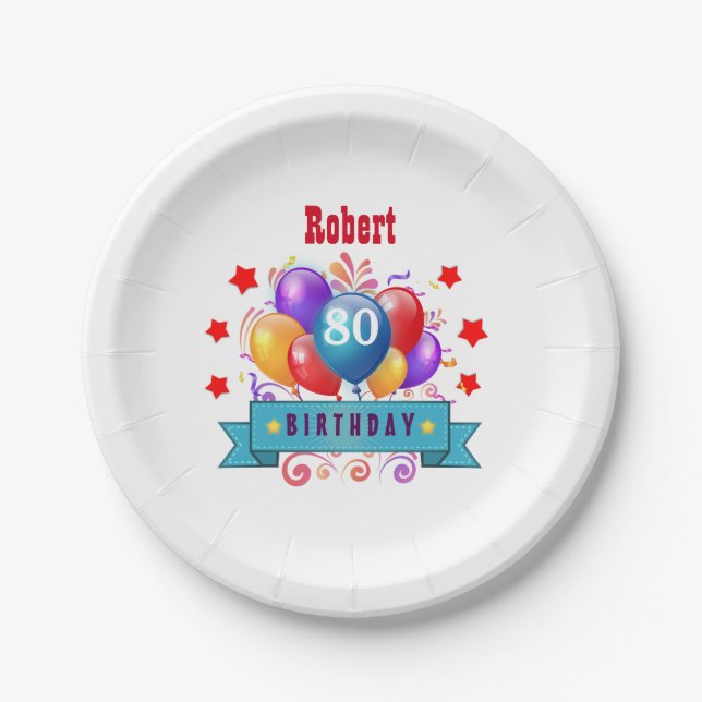 80th Birthday Festive Colourful Balloons C01HZ Paper Plate (Front)