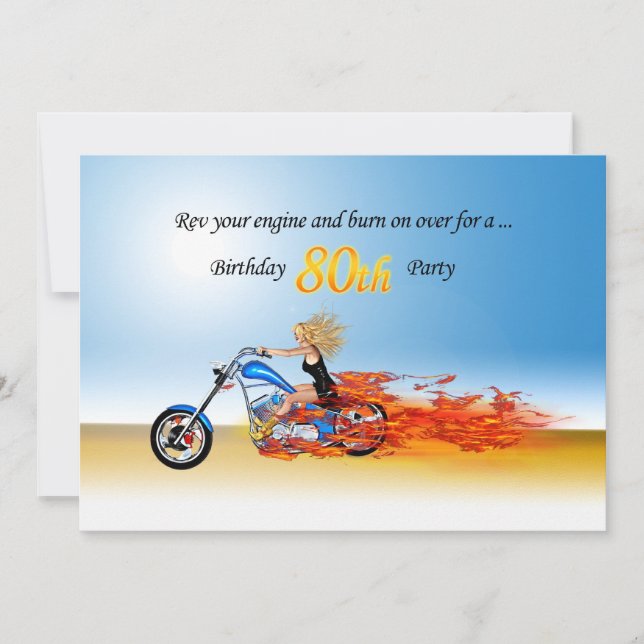 80th birthday Flaming motorcycle party invitation (Front)