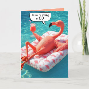 80th Birthday Flamingo Floating In a Pool Card