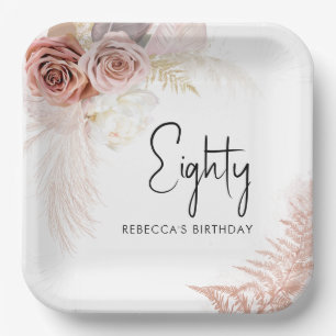 80th Birthday Floral and Pampas Grass Party Paper Plate