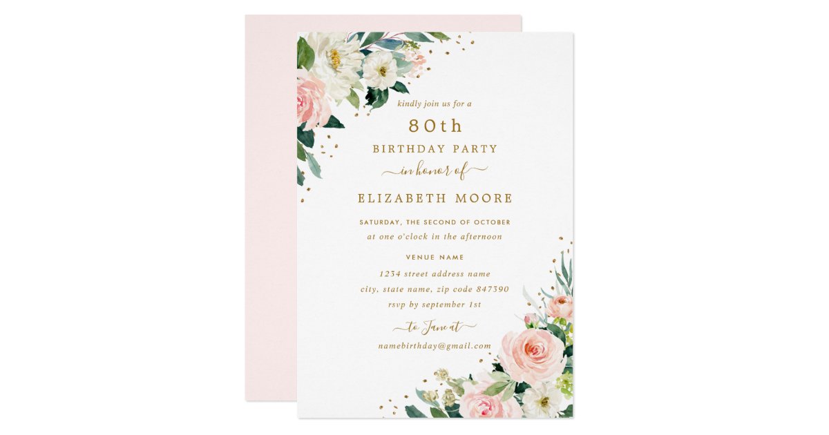 80th Birthday Floral Blush Gold Invitation | Zazzle.com.au