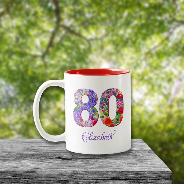 80th birthday floral colourful name mug (Creator Uploaded)