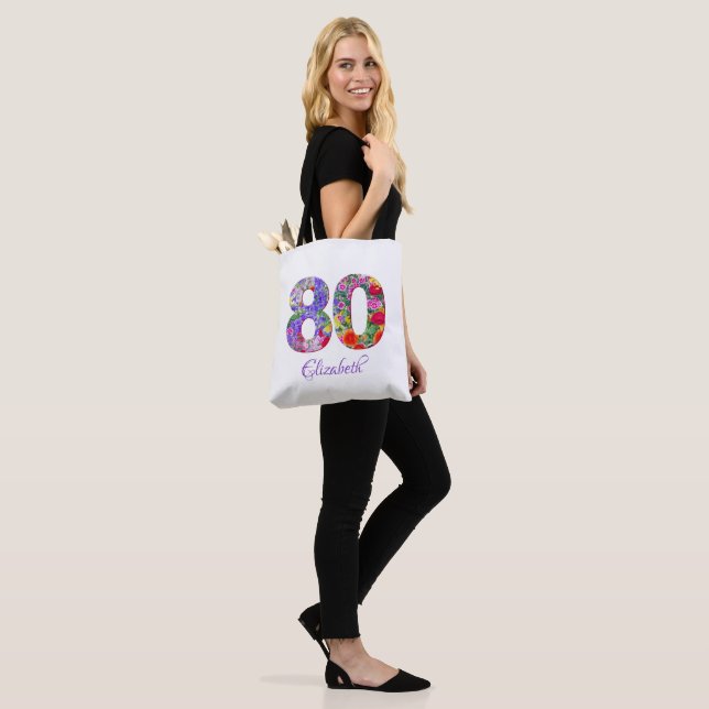 80th birthday floral colourful name tote bag (On Model)