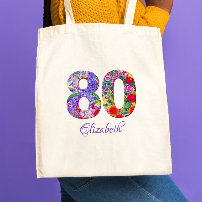 80th birthday floral colourful name tote bag (Creator Uploaded)