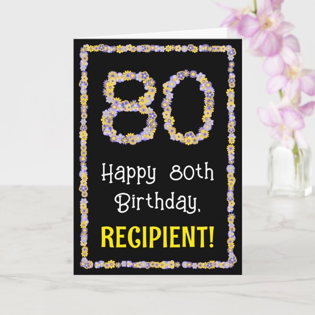 80th Birthday: Floral Flowers Number, Custom Name Card (Orchid)
