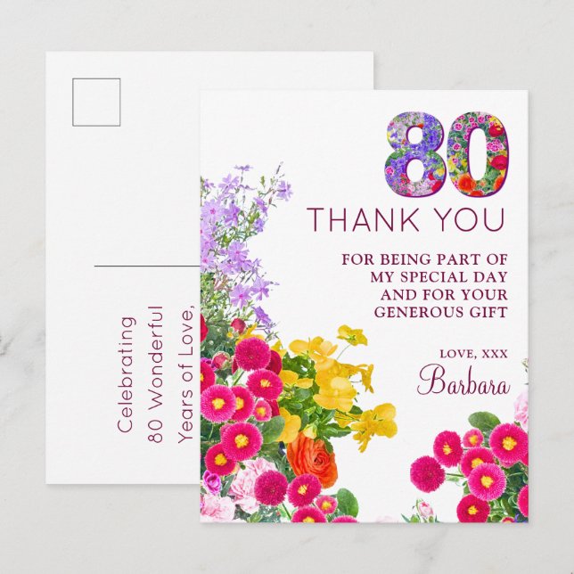 80th birthday floral modern 80 years party announcement postcard (Front/Back)