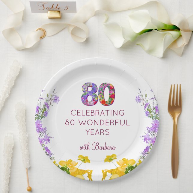 80th birthday floral modern 80 years party elegant paper plate (Wedding)