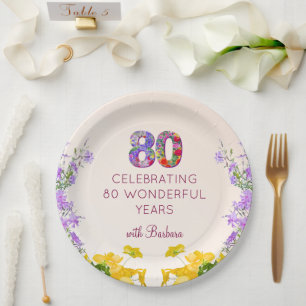 80th birthday floral modern 80 years party elegant paper plate