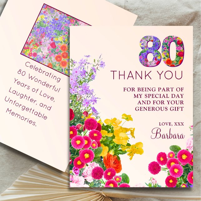 80th birthday floral modern 80 years party thank you card (Creator Uploaded)