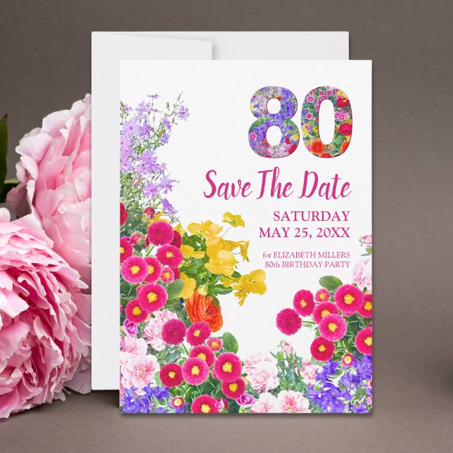80th birthday floral modern Save The Date Card (Creator Uploaded)