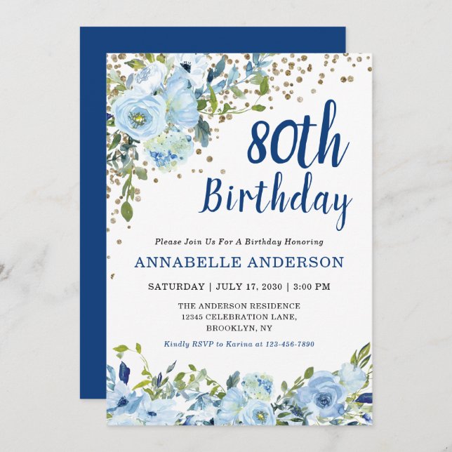 80th Birthday Floral Navy Blue Gold Glitter Dots Invitation (Front/Back)