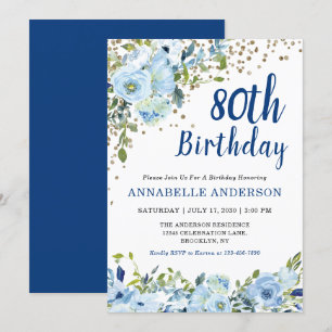 80th Birthday Floral Navy Blue Gold Glitter Dots Invitation