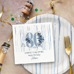 80th Birthday Floral Number Coastal Blue Stripe Napkin<br><div class="desc">80th birthday party napkins with fully editable wording to personalise as you wish. Design features number 80 decorated with rose buds, flower blooms and foliage in shades of coastal blue and sand. Subtle feminine and elegant design with watercolor floral arrangements, paint splatters and brush strokes. Perfect for 80th birthday celebration...</div>