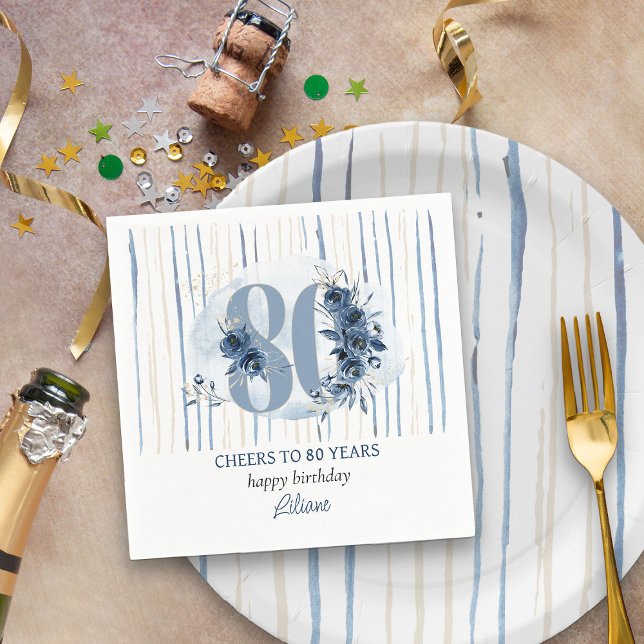 80th Birthday Floral Number Coastal Blue Stripe Napkin (80th Birthday Napkins from my Floral Number Milestone Birthday Collection)