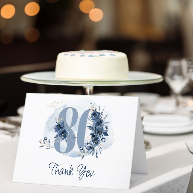 80th Birthday Floral Number Coastal Blue Thank You Card (80th Birthday thank you card from my Floral Number Milestone Birthday Collection)