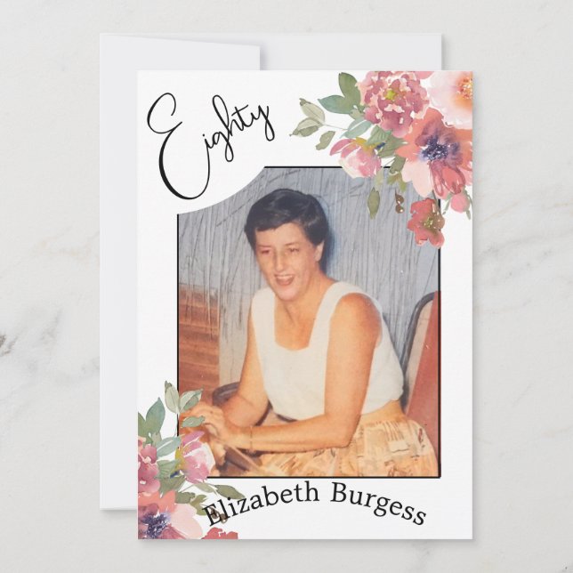 80th Birthday Floral Photo Elegant Birthday Invitation (Back)