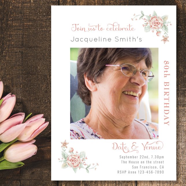 80th Birthday Floral Photo Invitation (Creator Uploaded)