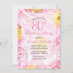 80th Birthday Floral Pink Peony Watercolor Party Invitation