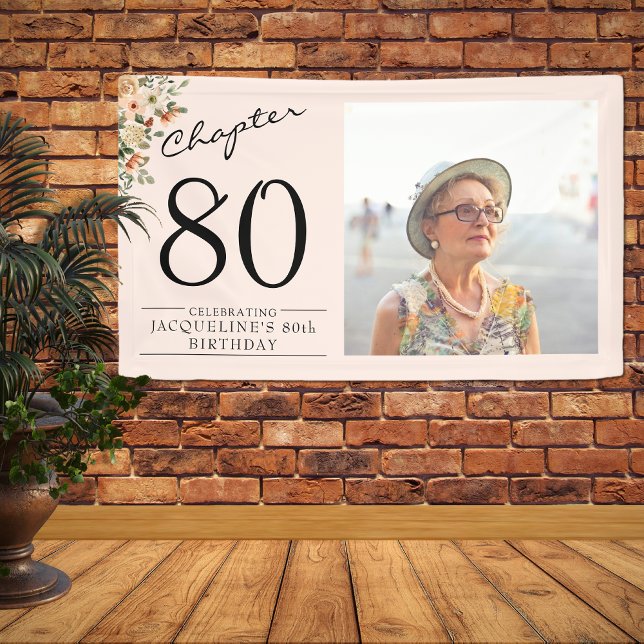 80th Birthday Floral Pink Photo Banner (Unique 80th birthday floral banner. Personalized with your text and favorite photo. )