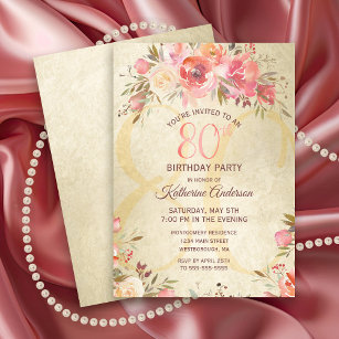 80th Birthday Floral Pink Roses Gold Shimmer Party Invitation