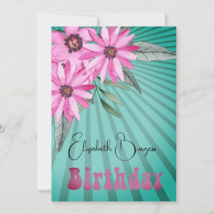 80th Birthday Floral Pink Sun Ray Modern Birthday Invitation
