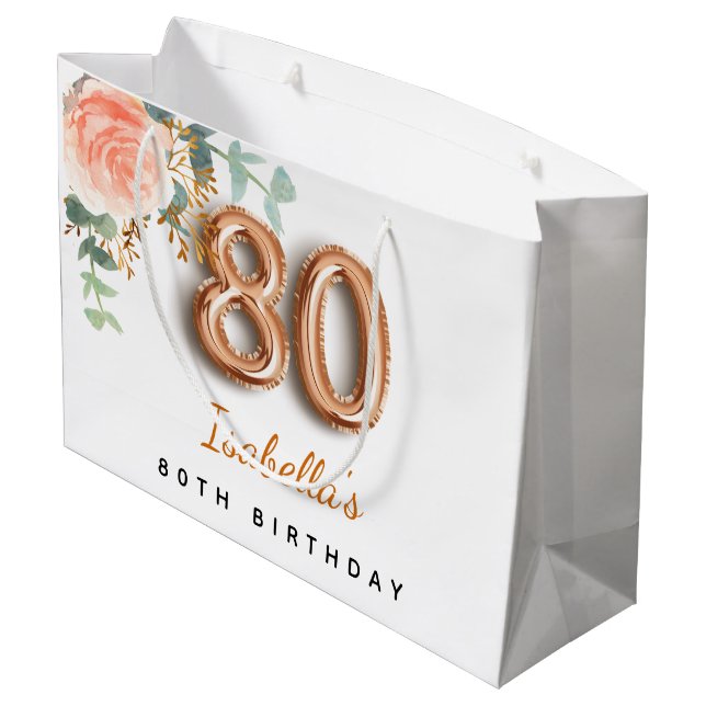 80th birthday floral rose gold eucalyptus birthday large gift bag (Back Angled)