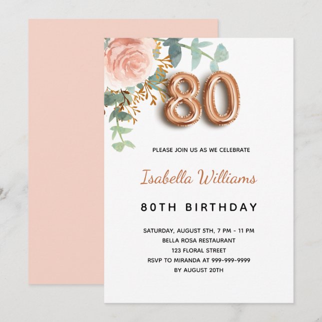 80th birthday floral rose gold eucalyptus greenery invitation (Front/Back)