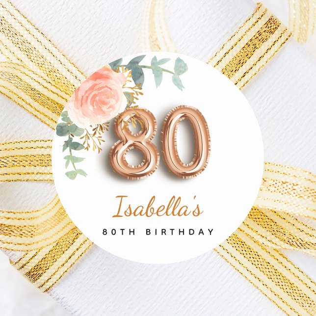 80th birthday floral rose gold eucalyptus monogram classic round sticker (Creator Uploaded)