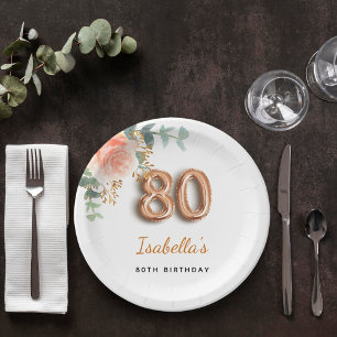 80th birthday floral rose gold eucalyptus monogram paper plate